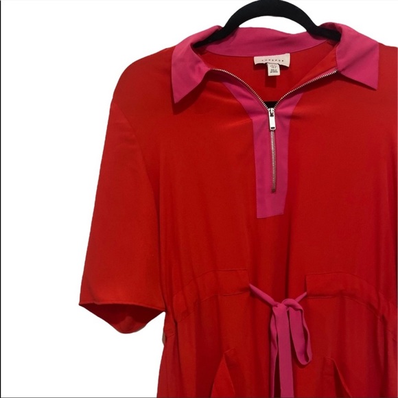 TOPSHOP Collar Shirt Dress in a Red and Pink. Tie waist midi length. - Picture 2 of 4